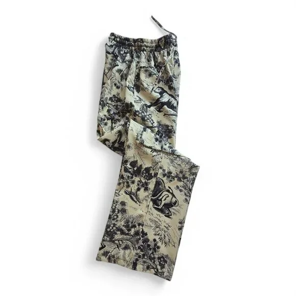 Face Fashion Toile Print Wide-Leg Pants Elastic Waist Cotton Blend Beige/Blue - Picture 7 of 11